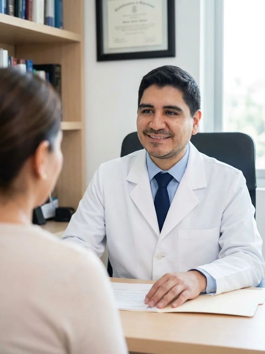 El Dr. Luis Schwarz conversando con una paciente en su consultorio