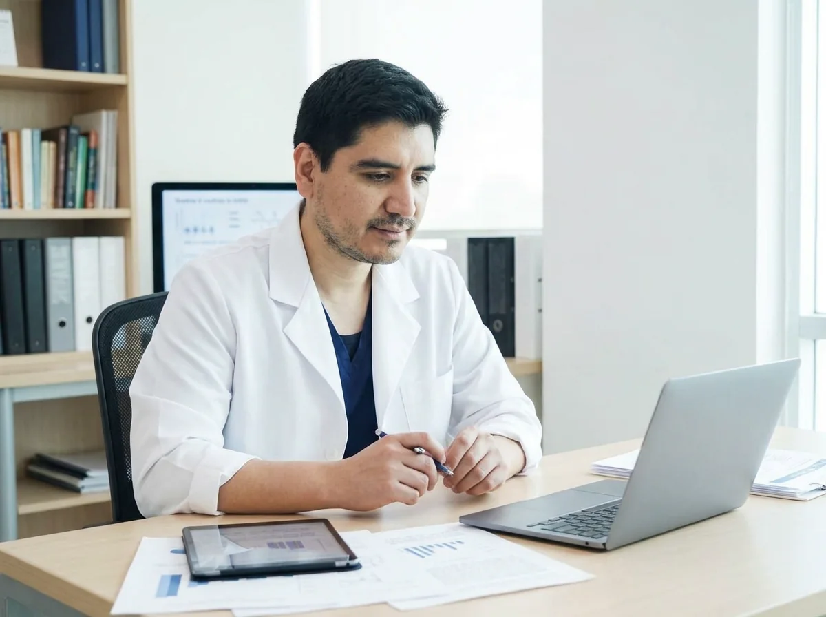 Dr. Luis Schwarz revisando literatura científica en su espacio clínico
